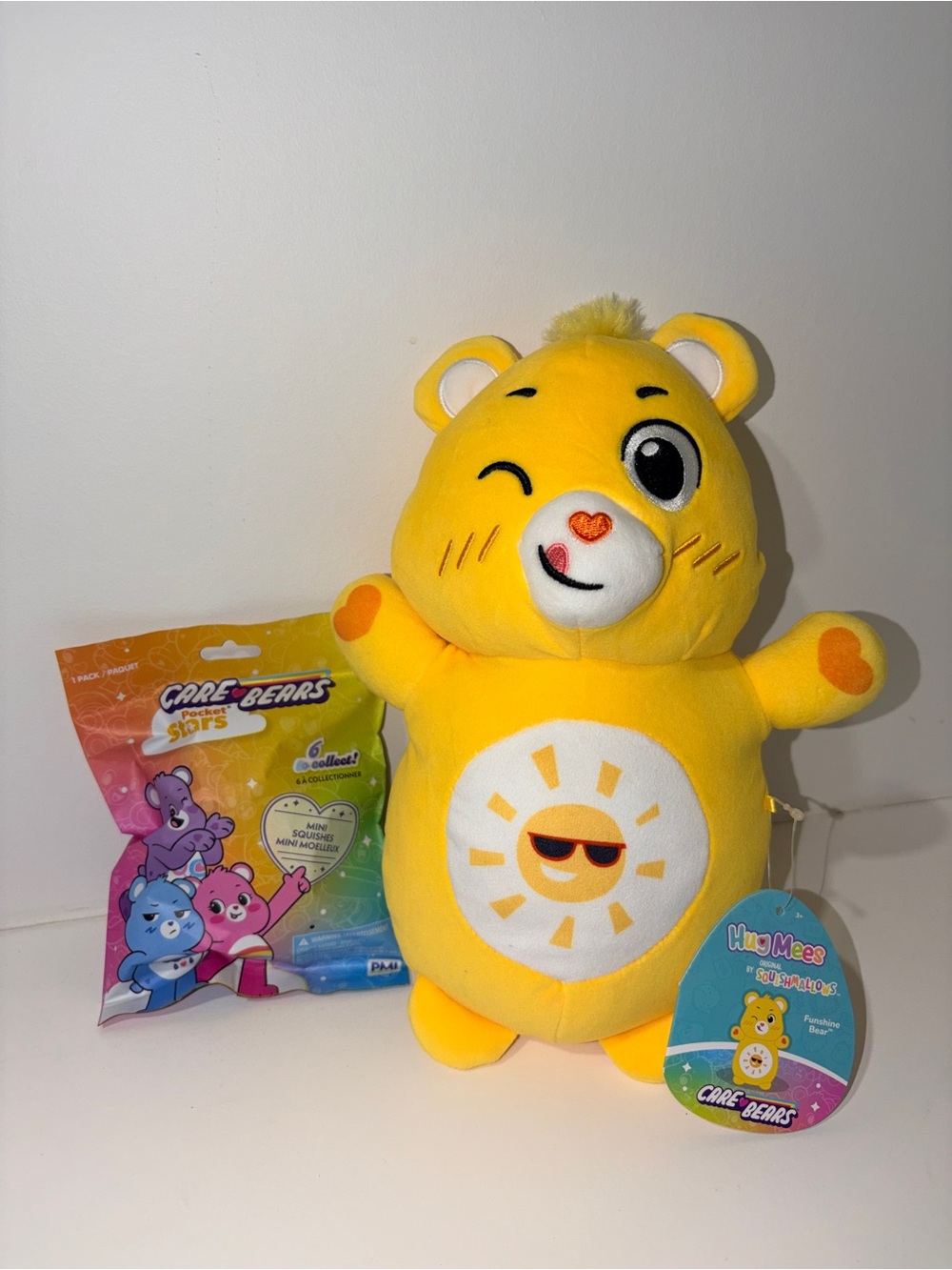 Care Bears Yellow Funshine Bear Plush w/ FREE mystery mini squishies